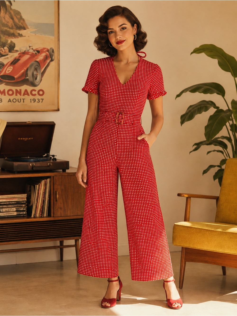 Monteau Gingham Red White Belted Flare Leg PicnicCore Jumpsuit Size S